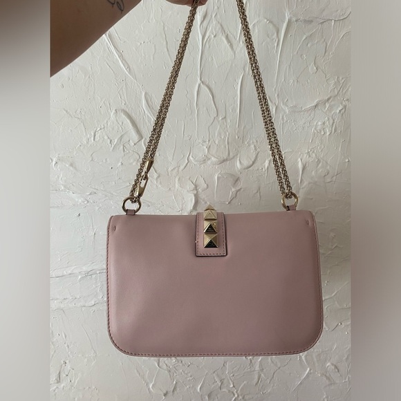 VALENTINO GARAVANI Rockstud Glam Medium Lock Shoulder Poudre Pink Bag Purse - Picture 6 of 14